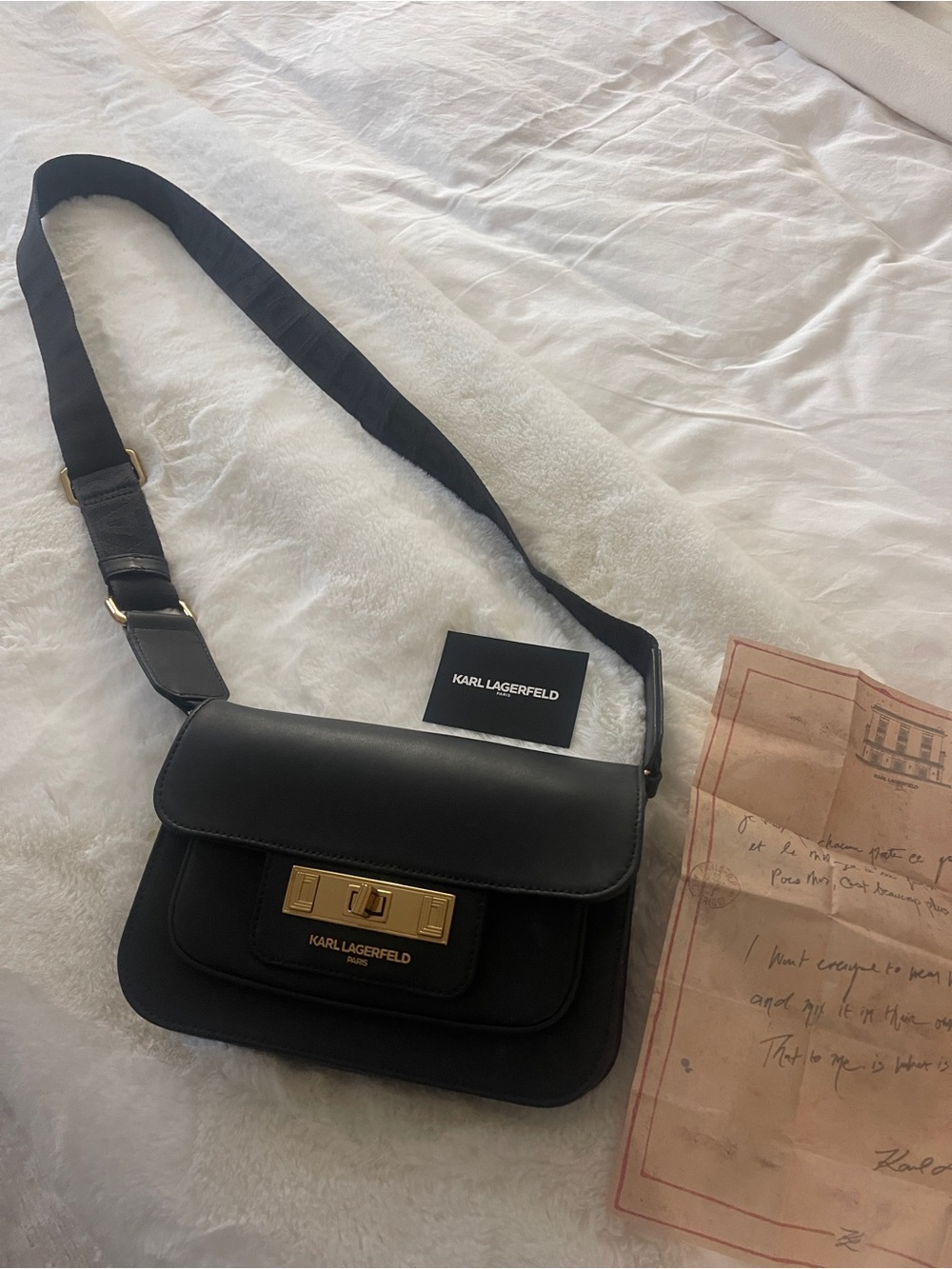 Karl Lagerfeld Black Leather Crossbody with Gold Turn-Lock